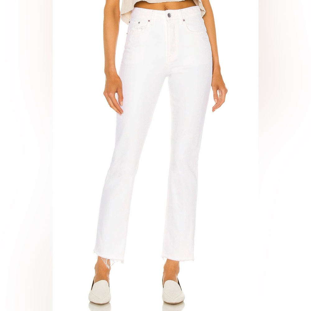GRLFRND Denim Revolve Karolina White High Rise Straight Crop Frayed Hem Jeans 27